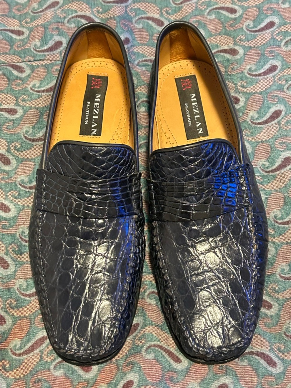 Mezlan Men's Blue Croc-Embossed Leather Penny Loafers. 100% genuine crocodile.